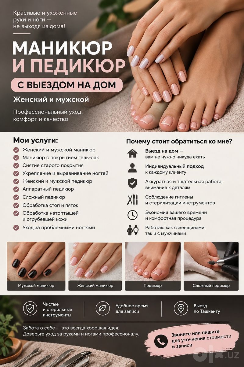 Маникюр и педикюр с выездом на дом по Ташкенту